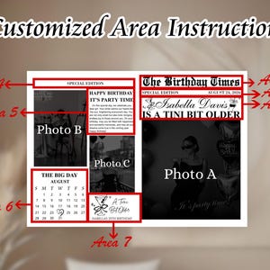 May include: A custom birthday newspaper design with the headline "The Birthday Times." The design includes photos, a calendar, and the text "Isabella Davis is a tini bit older." The date is August 24, 2026.