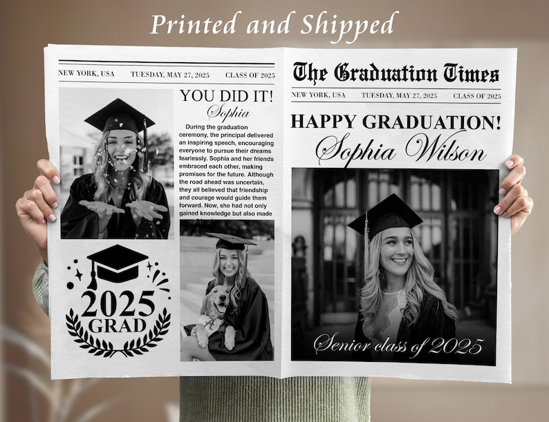 Puede incluir: Un anuncio de graduaci&oacute;n estilo peri&oacute;dico en blanco y negro con el titular "The Graduation Times". El anuncio presenta una foto de una graduada con gorro y bata, y el texto "Happy Graduation! Sophia Wilson".