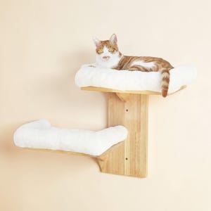 May include: A two-tiered cat perch with a light wood frame and soft, white, plush cushions. An orange and white tabby cat is resting on the top level. The cat furniture is mounted on a beige wall.