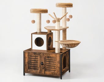 Wooden Cat Tree Tower with Litter Box Enclosure, Sisal Scratching Posts, Hammock, Teaser Toys