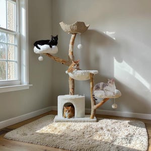 Modern Solid Wood Cat Tree, Natural Rattan Baskets, Luxury Cat Condo for Large Cats