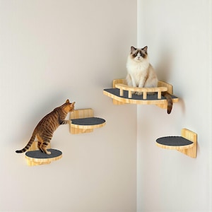 Corner Cat Wall Shelf, Pine Wood Climbing Steps, Modern Floating Cat Furniture