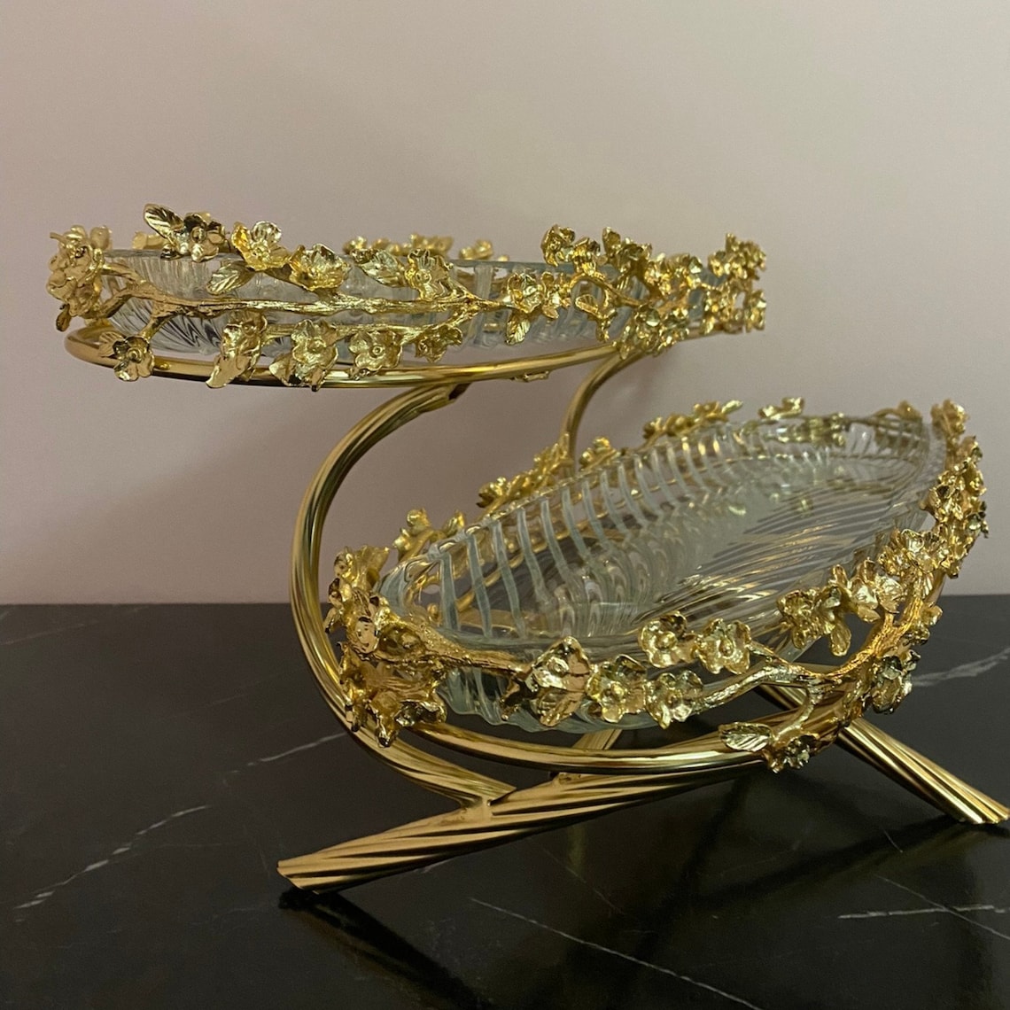 Elegant Gold Kitchen Decor Layered Cheese Presentation Tray With Floral