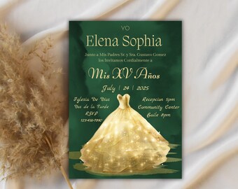 Emerald Green and Gold Quinceañera Invitation | 5x7 Printable Template (Canva)