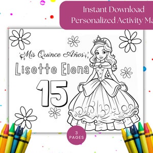 Personalized Mis Quince años Coloring Pages | Quinceañera Party favor | kids table | 15th Birthday | Quince Party games | digital download
