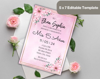 May include: Pink and gold Quinceañera invitation with floral accents. The invitation reads "Elena Sophia" and "Mis 15 Años" with the date "11/05/24". The invitation includes the time and location of the event.