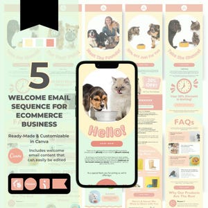 May include: A promotional graphic for an e-commerce business, featuring a smartphone displaying a "Hello!" message with a dog and cat. The design includes email sequence information, pet-related images, and a 20% off promotion.