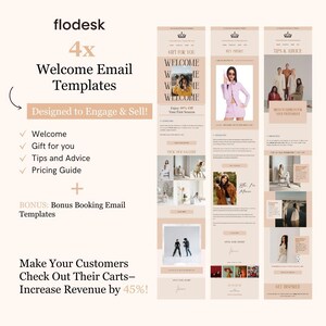 May include: Four welcome email templates designed to engage and sell. The templates feature a gift for you, tips and advice, a pricing guide, and a bonus booking email. The text "Make Your Customers Check Out Their Carts - Increase Revenue by 45%" is displayed at the bottom of the image.