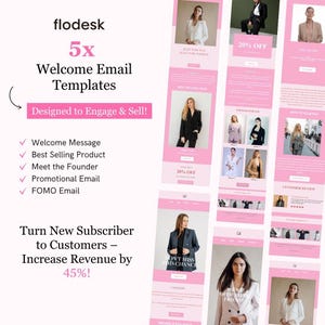 May include: Five welcome email templates designed to engage and sell. The templates feature a pink and white color scheme with images of women wearing blazers. The text on the templates includes "Welcome Message", "Best Selling Product", "Meet the Founder", "Promotional Email", "FOMO Email", "Turn New Subscriber to Customers - Increase Revenue by 45%", "Just for you, just for today", "Top picks for you", "How it's styled", "Don't miss this chance", "We're officially friends", "20% off", "Customer Review".