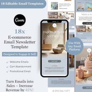 Può includere: Un modello di newsletter e-commerce, progettato per coinvolgere e vendere. Il modello include e-mail di benvenuto, e-mail di abbandono del carrello ed e-mail promozionali. Il design presenta un telefono che mostra un sito web con una promozione del 30% di sconto su tutto il sito.
