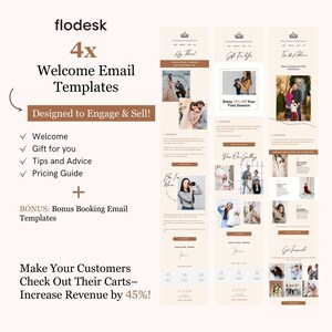 May include: Four email templates designed to engage and sell. The templates feature a light brown background with a white border and images of a photographer and couples. The text includes "Welcome", "Gift for you", "Tips and Advice", "Pricing Guide", "Bonus Booking Email Templates", and "Make Your Customers Check Out Their Carts - Increase Revenue by 45%!"