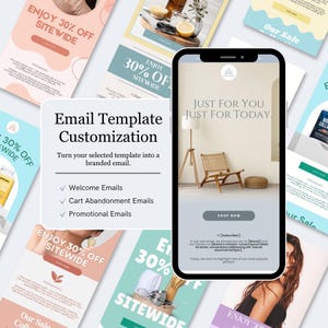 May include: An image showcasing email marketing templates, including a phone displaying an email design. The templates feature text such as "Enjoy 30% Off Sitewide" and "Just For You Just For Today." The image also includes the text "Email Template Customization."