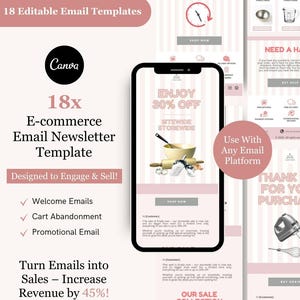 May include: A digital marketing graphic with the text "18 Editable Email Templates" and "E-commerce Email Newsletter Template." The design includes a smartphone displaying a sale, a clock, and a Canva logo.