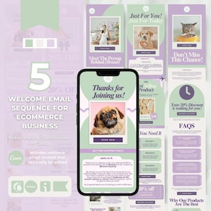 May include: A digital marketing template set for an e-commerce business displayed on a smartphone screen and vertical panels. The design features a sage green and lavender color palette with text including 5 Welcome Email Sequence and Thanks for Joining us.