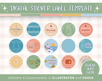 Digitaal bewerkbare canvas stickersjabloon, cirkel stickerverpakking voor kleine bedrijven, afdrukbare pakketstickers | Athene Aura
