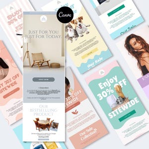 May include: Several email marketing templates with different layouts. One displays a chair and the text "Just for You, Just for Today." Other designs include images of a cat and dog, a woman, and a sale announcement with a 30% discount.