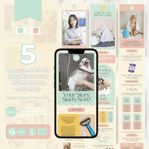 Op de afbeelding: Een digitale marketing-sjabloonset voor een e-commercebedrijf met vijf e-maillay-outs. De ontwerpen bevatten pastelkleurige blokken, de tekst 5 Welcome Email Sequence For Ecommerce Business en afbeeldingen van huisdieren, verzorgingsproducten en kortingen.