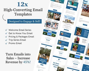 Plantillas de correo electrónico para agencias de viajes Flodesk / Plantilla de marketing por correo electrónico para agentes de viajes / Azul y blanco