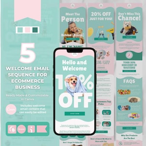 Op de afbeelding: Een smartphone toont een welkomst-e-mailsjabloon met een hond in een blauwe handdoek en de tekst 10% OFF. De achtergrond bevat een reeks aanpasbare e-mailontwerpen in tinten blauwgroen, roze en wit voor een e-commercebedrijf.