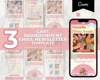 May include: A pink and white email newsletter template with the text "Cart Abandonment Email Newsletter Template" and "Ready-Made & Customizable in Canva". The template features a cartoon image of a game board with the text "Save Big On Your Cart" and a cartoon image of a game board with the text "Favorite Thing Awaits!"