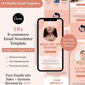 May include: A digital marketing graphic promoting 18 editable e-commerce email templates. The design features a smartphone displaying an email, with text that reads "Enjoy 30% off site wide." Additional text includes "Welcome Emails," "Cart Abandonment," and "Promotional Email."