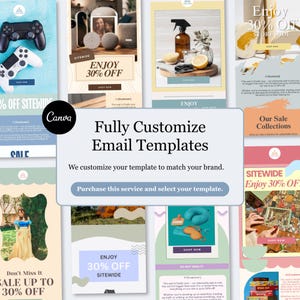 May include: A selection of vibrant email templates advertising "Enjoy 30% Off" and "Sale Up To 30% Off". The designs showcase diverse product imagery and the Canva logo, promoting customisable email designs.