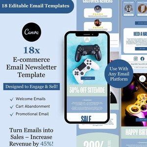 May include: A digital marketing graphic promoting 18 editable e-commerce email templates. The design features a smartphone displaying a gaming controller, with text indicating a 30% off sitewide sale. The Canva logo is also visible.
