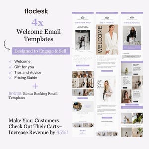 以下が含まれることがあります： 顧客を引きつけ、販売するための4つのウェルカムメールテンプレート。テンプレートには、ウェルカムメール、あなたへのギフトメール、ヒントとアドバイスメール、価格ガイドメールが含まれています。ボーナス予約メールテンプレートも含まれています。テンプレートは、パープルとホワイトのカラーテーマを採用し、女性の画像が含まれています。
