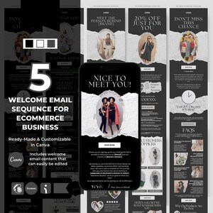 Op de afbeelding: Een collage van vijf welkomst-e-mailsjablonen voor een e-commercebedrijf. De sjablonen zijn ontworpen in zwart en wit met een gescheurd papieren effect. De tekst bevat "Leuk om je te ontmoeten!" en "20% korting alleen voor jou".