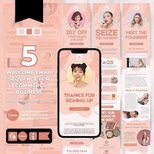 May include: A pink and white graphic design template for an email marketing sequence for an e-commerce business. The template includes a welcome email, a thank you email, and a meet the founder email. The template is customizable and can be used to promote products or services.
