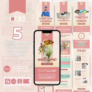 Modelli di email di benvenuto personalizzabili per Canva, compatibili con Klaviyo, Mailchimp e Flodesk / Serie di email ad alta conversione per negozi di animali domestici create con Canva.