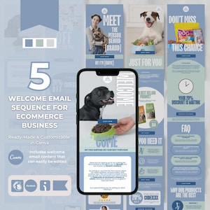 Op de afbeelding: Een digitale marketing-sjabloonset voor een 5-delige welkomst-e-mailreeks, weergegeven op een smartphonescherm en verticale panelen. Het ontwerp bevat blauwe en witte kleurenschema's, hondenafbeeldingen en bewerkbare tekstvelden voor e-commerce.