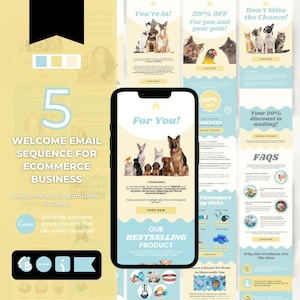 May include: A mockup of five welcome email templates for an e-commerce business selling pet products. The emails feature a light blue and yellow colour scheme with images of dogs and cats. The text includes "Welcome Email Sequence for Ecommerce Business", "For You!" and "Our Bestselling Product".