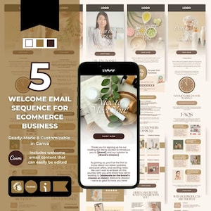 May include: A five-part welcome email sequence for e-commerce businesses. The email sequence includes a welcome message, a discount code, and information about the brand's mission. The email template is customizable and can be edited in Canva.