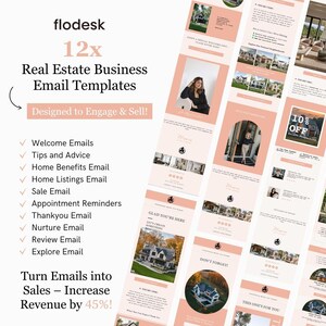 May include: A pink and white graphic with the text "flodesk 12x Real Estate Business Email Templates Designed to Engage & Sell!" and a list of 12 email templates for real estate businesses.