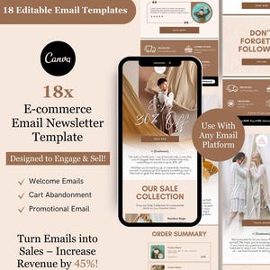 Może przedstawiać: Grafika marketingu cyfrowego promująca 18 edytowalnych szablonów e-mail do e-commerce. Projekt przedstawia smartfon wyświetlający e-mail z wyprzedaży, z tekstem podkreślającym zaangażowanie i wzrost sprzedaży. Zawiera logo Canva i wezwanie do działania.