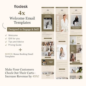 Op de afbeelding: Vier e-mailtemplates die zijn ontworpen om te betrekken en te verkopen. De templates hebben een lichtbruine achtergrond met een witte rand en tekst. De templates omvatten een welkomst-e-mail, een cadeau voor jou e-mail, een tips en advies e-mail en een prijslijst e-mail. De templates omvatten ook een bonus boeking e-mailtemplate. De tekst op de templates omvat de woorden "Welkom", "Cadeau voor jou", "Tips en advies", "Prijslijst" en "Bonus boeking e-mailtemplates".