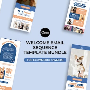 May include: A promotional graphic for an e-commerce welcome email sequence template bundle. The design features various email layouts with images of dogs, text, and a Canva logo. The text includes "Welcome Email Sequence Template Bundle" and "For Ecommerce Owners."