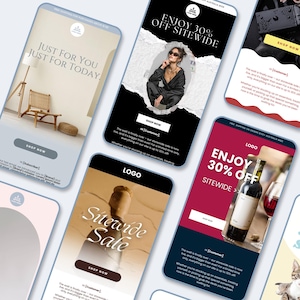 May include: Several smartphone screens showcasing e-commerce promotions. One screen displays "Just For You Just For Today." Another promotes "Enjoy 30% Off Sitewide." Other screens feature a model, wine, and a sale announcement.