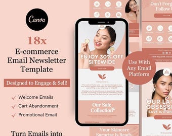 Puede incluir: Gráfico promocional para plantillas de correo electrónico de comercio electrónico. El diseño presenta un teléfono inteligente que muestra una oferta de venta, con texto como "Disfruta de un 30% de descuento en todo el sitio".