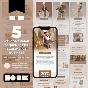 May include: A welcome email sequence for e-commerce businesses. The email template is customisable and includes a 20% discount. The email template is designed in a warm brown colour scheme with a handwritten font.
