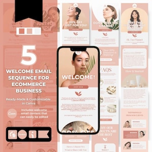 Op de afbeelding: Een roze en witte welkomst-e-mailsequentie voor een e-commercebedrijf. De e-mailsequentie bevat vijf e-mails met een welkomstbericht, een korting van 20%, een bericht om de merk te ontmoeten, FAQ's en getuigenissen van klanten. De e-mailsequentie is kant-en-klaar en aanpasbaar in Canva.
