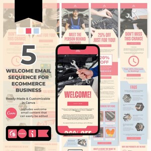 May include: A five-part welcome email sequence for e-commerce businesses, designed in Canva. The email templates feature a pink and yellow color scheme with a mechanic theme. The text includes the phrase "Welcome!" and "20% off".