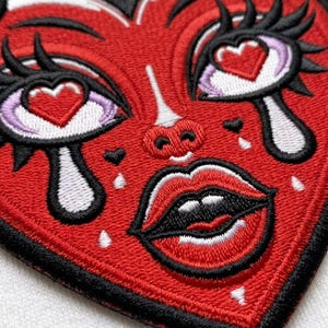 Devil Heart Face Patch - Crying Heart with Horns Embroidered Iron On - Traditional Tattoo Style Back Patch for Jackets - Sizes 4" to 10"