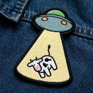 UFO Abduction Cow Patch - Funny Alien Space Embroidered Iron On - Large Back Patch for Jackets & Bags - Sizes 4" to 10"