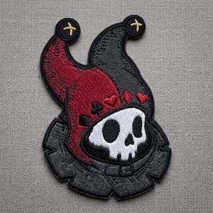 Jester Skull Patch - Red and Black Harlequin Embroidered Iron On - Gothic Spooky Back Patch for Jackets - Sizes 4" to 10"