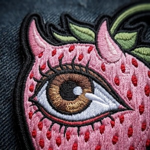 Pink Strawberry Devil Eye Patch - Weirdcore Surreal Art Embroidered Iron On - Creepy Cute Gothic Back Patch for Jackets - Sizes 4" to 10"