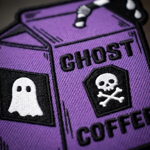 Ghost Coffee Purple Milk Carton Patch - Spooky Kawaii Goth Embroidered Iron On - Large Back Patch for Jackets - Sizes 4" to 10"