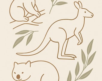 Australian Wildlife Digital Wall Art - Koala, Kangaroo, Wombat Print - Minimalist Nursery Decor