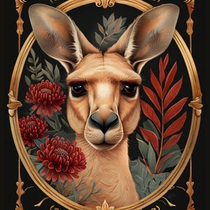 Kangaroo Digital Wall Art Vintage Botanical Print Wildlife-Inspired Home Decor | Australian Animals And Flowers